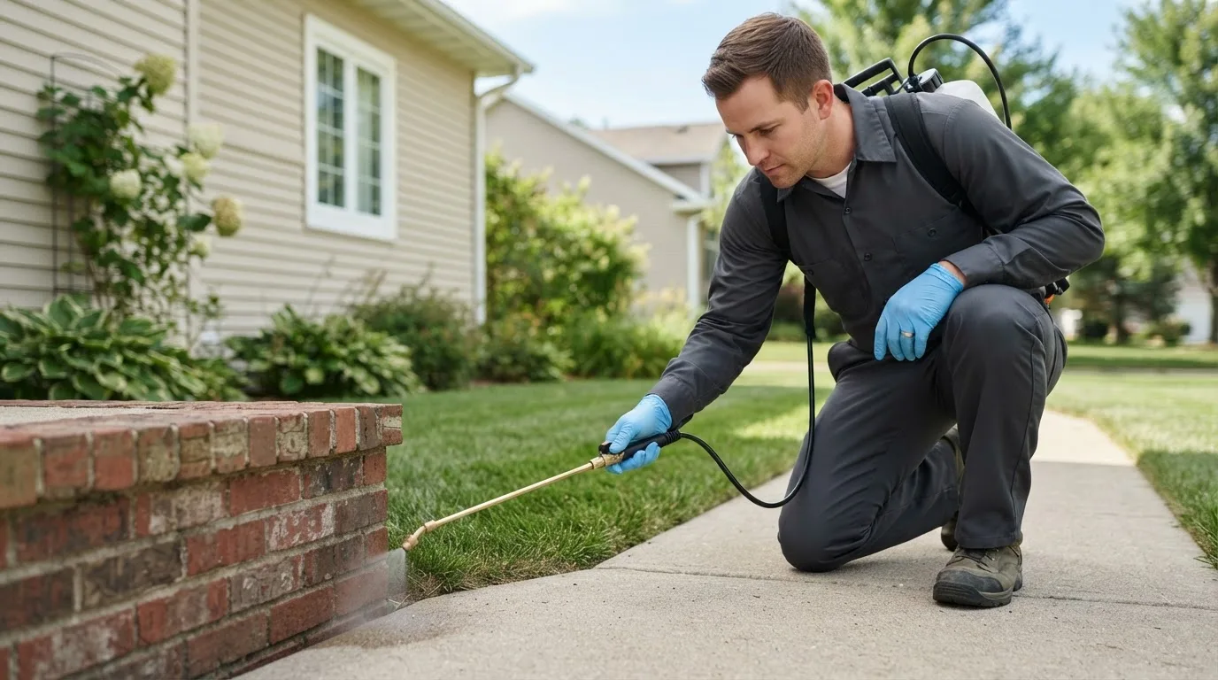 Pest control technician treating a home near Spencerville, IN