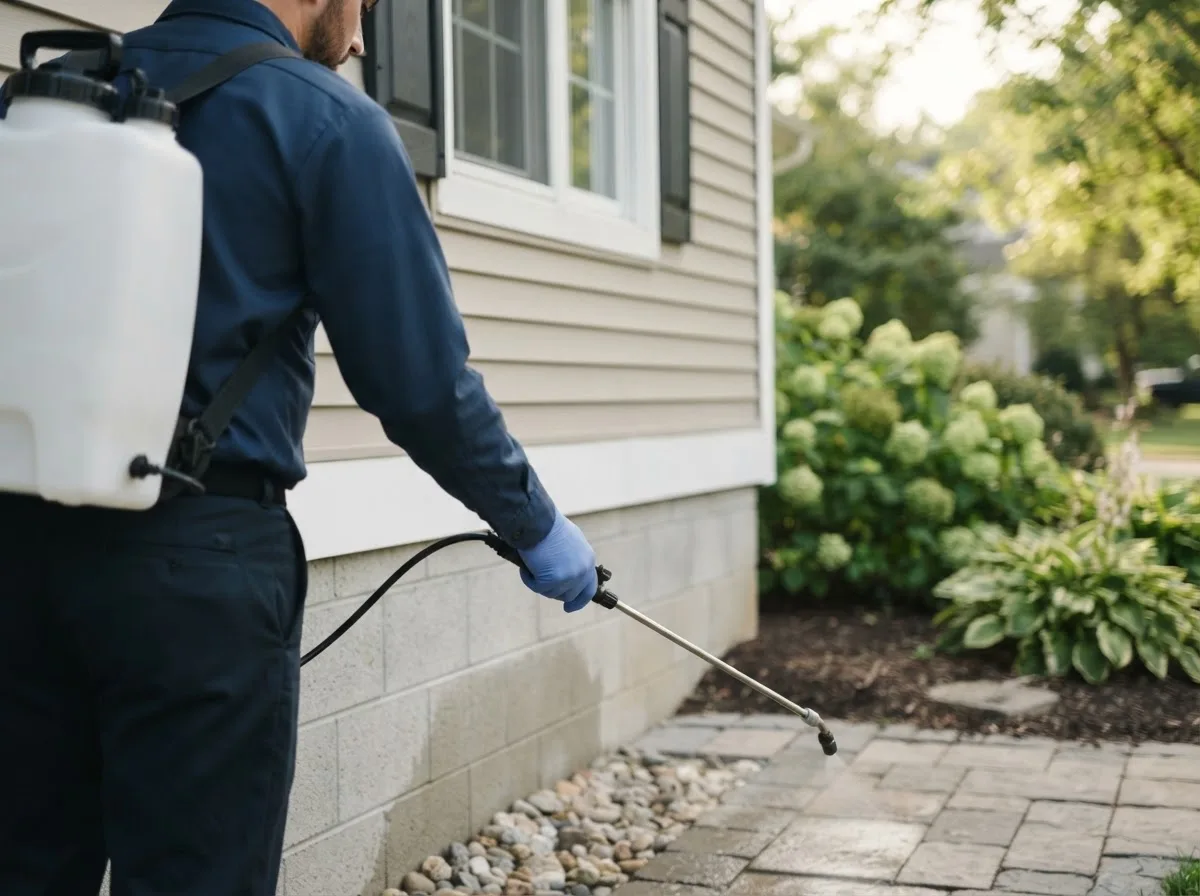 Pest control technician inspecting a home in Spencerville, IN